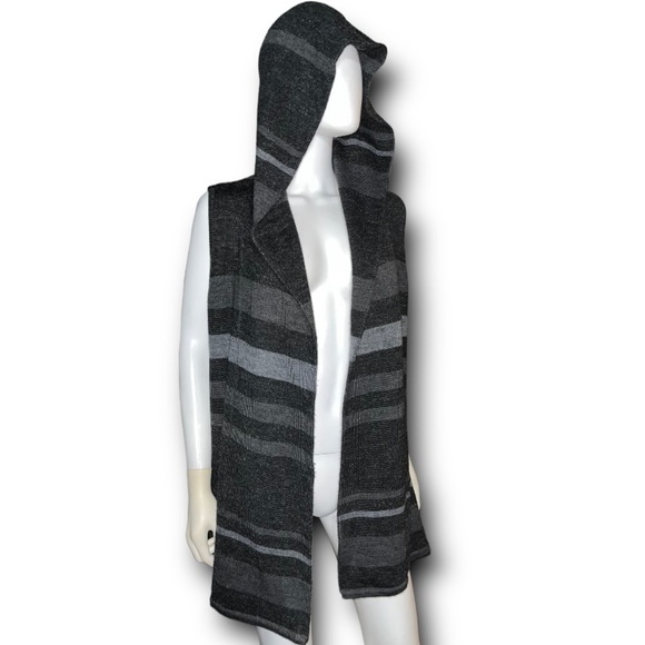 CYNTHIA ROWLEY Merino Wool Open Front Hooded Sweater Cardigan Vest Black Grey M - Picture 1 of 7
